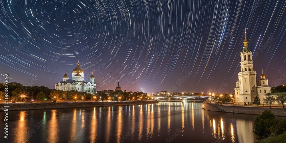 Captivating Long Exposure Night View of Iconic Russian Landmarks with Star Trails Overhead, Illuminated Cityscape Reflections in Water, and Vibrant Colors of the Skyline Captivating Long Exposure Night View of Iconic Russian Landmarks with Star Trails Overhead, Illuminated Cityscape Reflections in Water, and Vibrant Colors of the Skyline