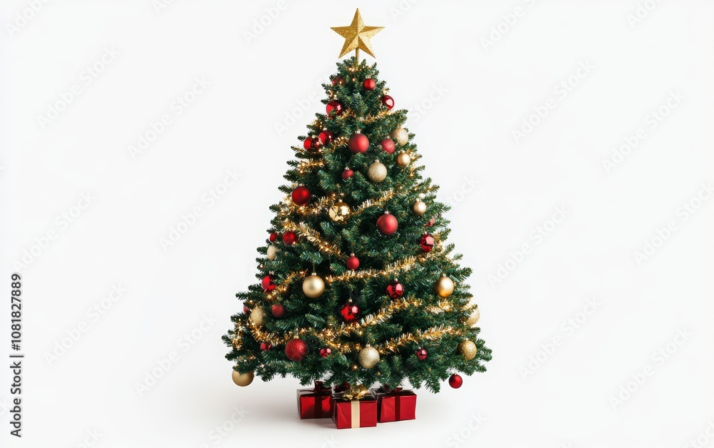 Classic Red and Green Christmas Tree: A traditional Christmas tree adorned with red and green baubles, candy canes, and twinkling warm lights, topped with a gold star, displayed on a white background Classic Red and Green Christmas Tree: A traditional Christmas tree adorned with red and green baubles, candy canes, and twinkling warm lights, topped with a gold star, displayed on a white background