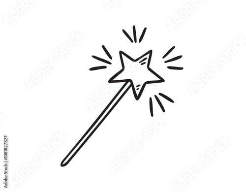 Magic wand hand drawn doodle icon for a fairy. Sketch fabulous and magical Decoration element. Outline drawing. 