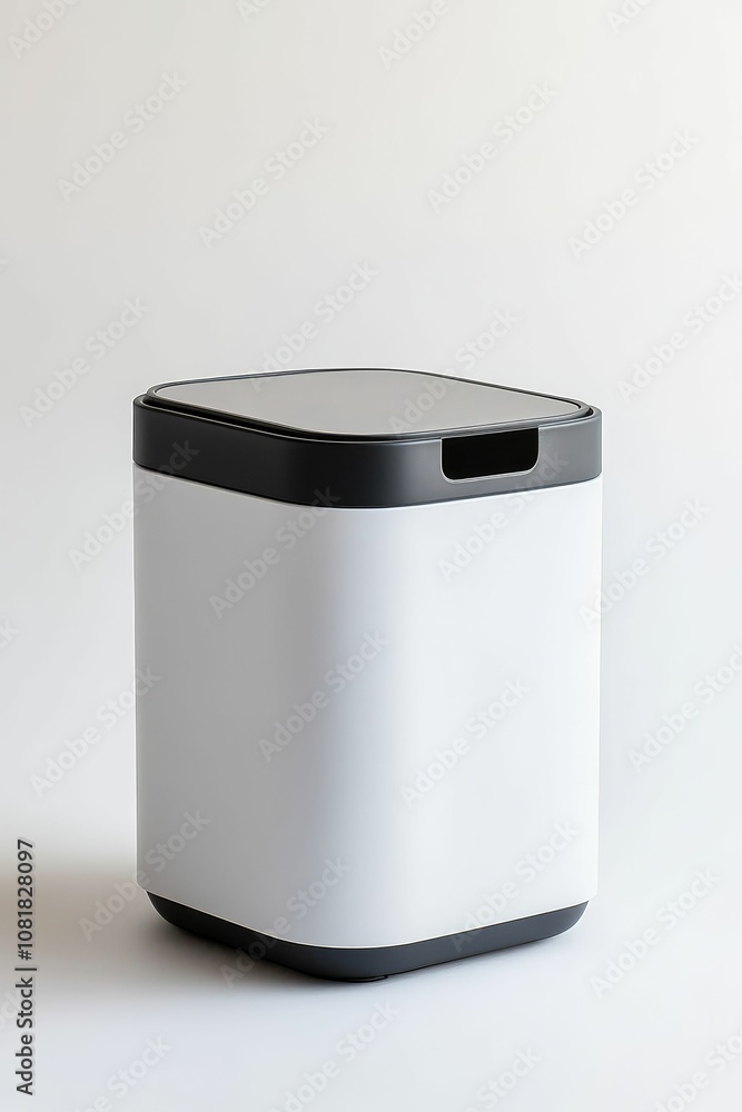 White trash can with black lid. White trash can with black lid.