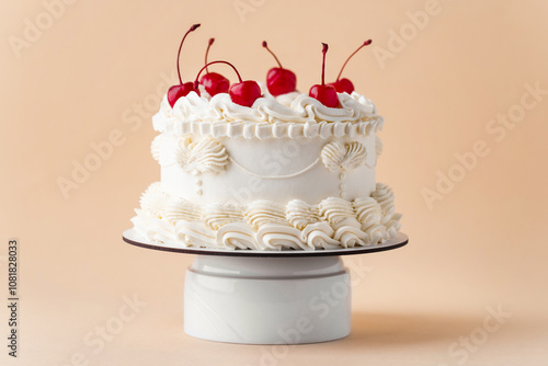 Delicate lambeth style birthday cake with white cream cheese frosting decorated with cocktail cherries on the beige background
