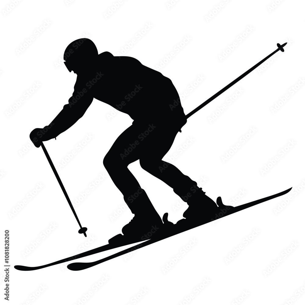Fototapeta premium A man is skiing down a hill. He is wearing a helmet and goggles. He is holding ski poles in his hands