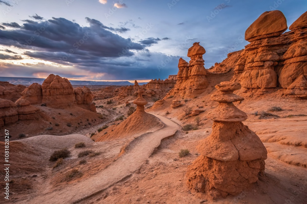 Naklejka premium Captivating Long Exposure of Eroded Sandstone Hoodoo Rock Formations in Goblin Valley State Park, Utah Showcasing Unique Mushroom-Shaped Pinnacles Amidst Stunning Desert Landscape
