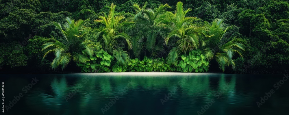 Lush jungle embraces a tranquil waterfront, blending vibrant greenery with serene waters in perfect harmony. Lush jungle embraces a tranquil waterfront, blending vibrant greenery with serene waters in perfect harmony.