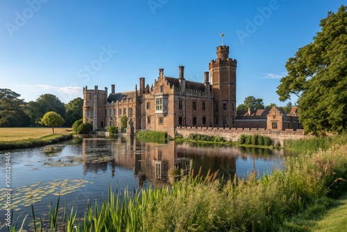 Captivating Long Exposure of Oxburgh Hall Beneath a Vibrant Blue Sky, Showcasing the Majestic Architecture and Serene Surroundings in a Breathtaking Natural Landscape