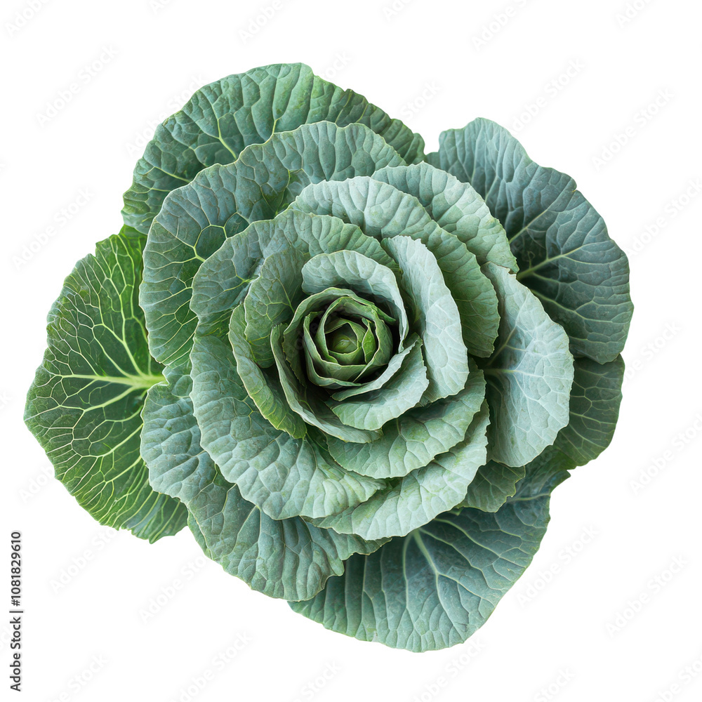 Fototapeta premium Fresh green cabbage rosette, leafy vegetable head, organic produce PNG for nutrition, cooking, grocery and packaging design isolated PNG with Transparent Background