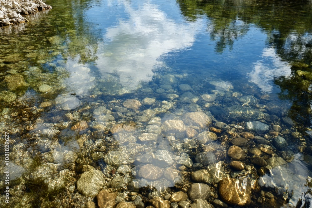 Rocks and sky reflected in clear water. Rocks and sky reflected in clear water.