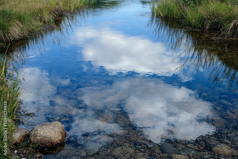 Clouds reflected in still creek water. Clouds reflected in still creek water.