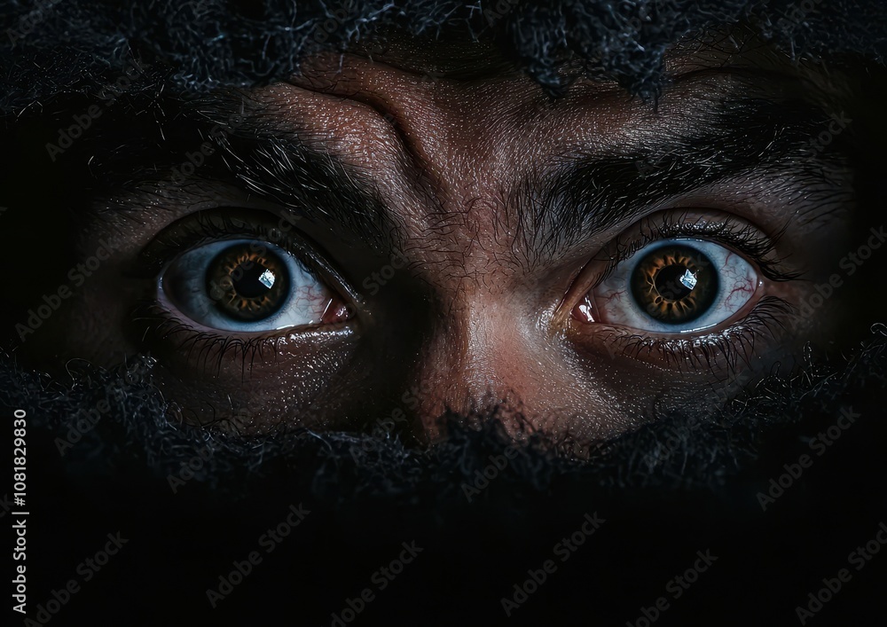 A close-up of a person's intense eyes peering out from darkness, conveying a sense of mystery and apprehension. A close-up of a person's intense eyes peering out from darkness, conveying a sense of mystery and apprehension.