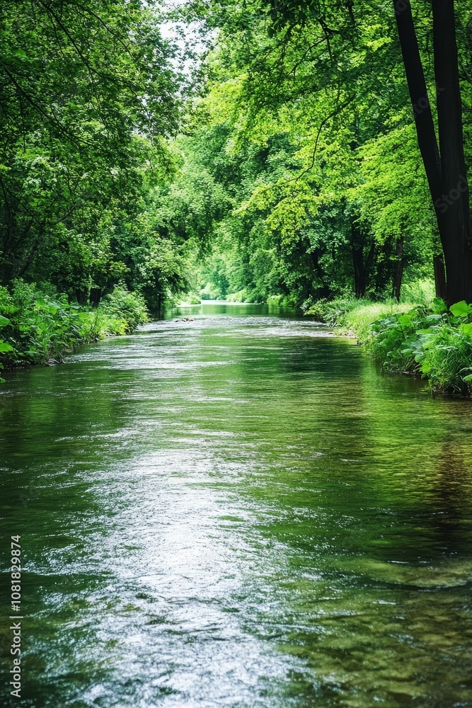 Serene river flowing through lush green forest.