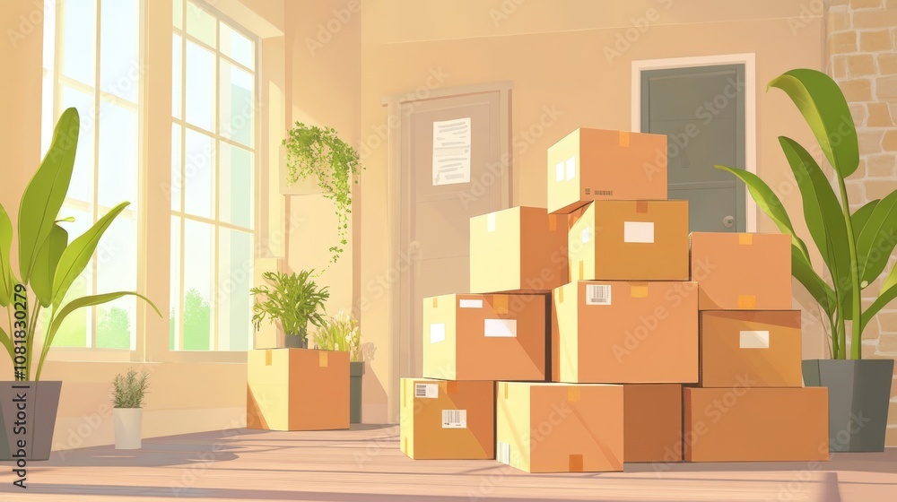 Cardboard Boxes Stacked in Front of a Doorway with Plants Cardboard Boxes Stacked in Front of a Doorway with Plants