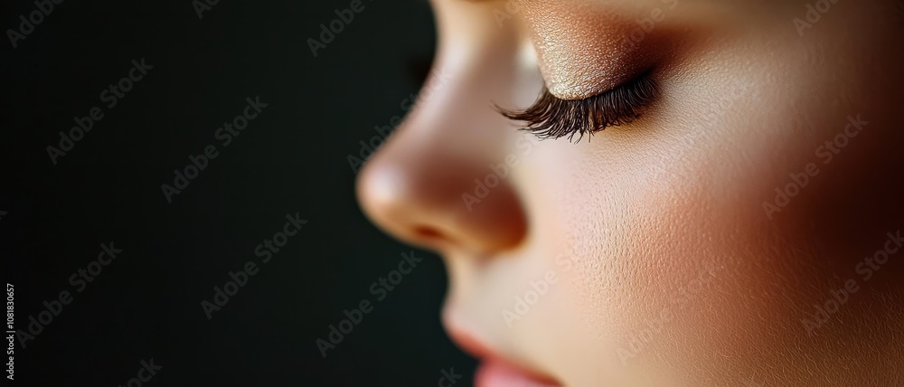 A close-up profile of a person showcasing delicate features and a glistening tear reflects emotion and beauty against a dark background. A close-up profile of a person showcasing delicate features and a glistening tear reflects emotion and beauty against a dark background.