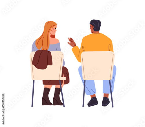 People on seats communicate during business conference, workshop back view. Students sit on chairs, talk while lecture, seminar together backside. Flat isolated vector illustration on white background