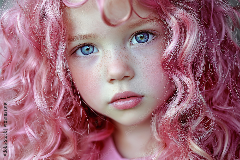A cute 5 year old girl with long curly pink hair and lavender eyes A cute 5 year old girl with long curly pink hair and lavender eyes