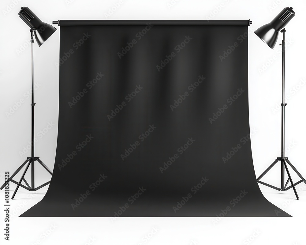 Fototapeta premium A professional photography setup featuring a black backdrop and studio lights, ideal for capturing portraits or product images.