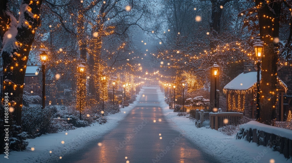 A snowy street lined with trees adorned with Christmas lights. A snowy street lined with trees adorned with Christmas lights.