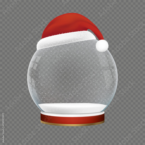 Christmas ball with Red Santa Hat background,Xmas round bauble isolated.Vector Glass snow globe for Christmas decorative design,3d ornament Podium under transparent glass dome with white snowdrift