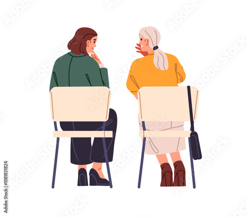 Happy women on seats communicate during conference back view. People sit on chairs at workshop, talk while seminar backside. Audience converses at class. Flat isolated vector illustration on white