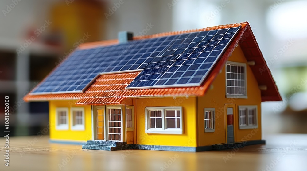 A detailed model of a modern house featuring solar panels on the roof, displayed indoors on a wooden surface A detailed model of a modern house featuring solar panels on the roof, displayed indoors on a wooden surface