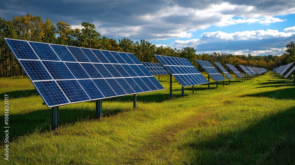 An expansive solar farm with rows of solar panels in a lush green field under a cloudy sky during late afternoon sunlight An expansive solar farm with rows of solar panels in a lush green field under a cloudy sky during late afternoon sunlight