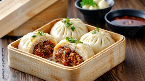 Four delicious steamed buns filled with savory meat blend, garnished with herbs in a bamboo basket