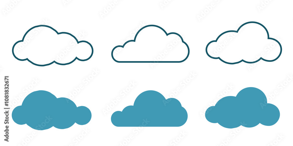 Set of cloud icons in filled and outline styles. Simple weather symbols for interface design and applications. Set of cloud icons in filled and outline styles. Simple weather symbols for interface design and applications.