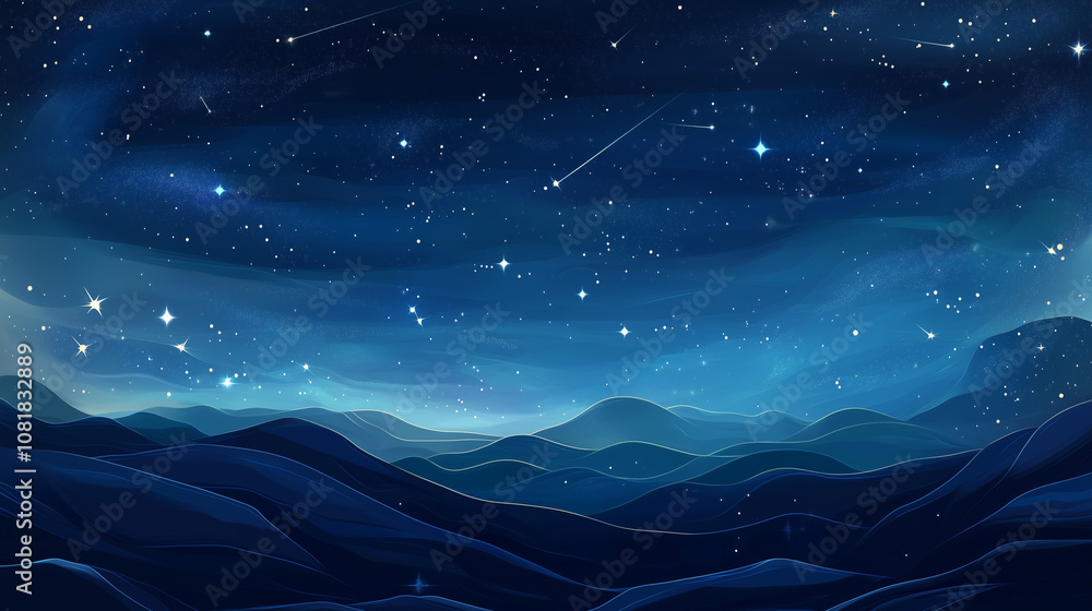 Fototapeta premium Stunning starry night sky with shooting stars over rolling hills, creating a peaceful cosmic landscape