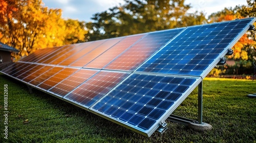 Solar panels installed in a residential yard during a vibrant autumn afternoon with colorful foliage reflecting sunlight photo