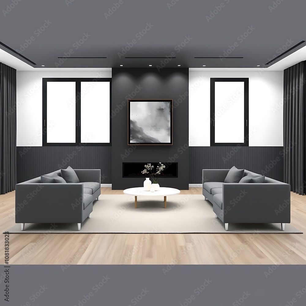 3D render of a minimalist living room with charcoal gray and light beige contrast, symmetrical furniture, and one large framed painting.