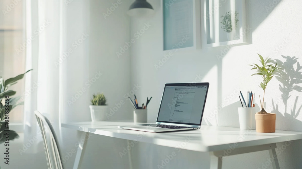 Fototapeta premium Minimalist home office setup with a laptop on a white desk, surrounded by small potted plants and stationary, bathed in soft natural light