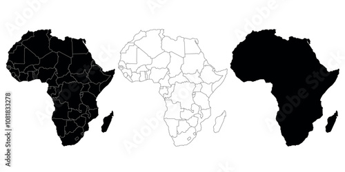 Map of Africa with country borders in filled and outline styles. Geographic design for regional and educational use.