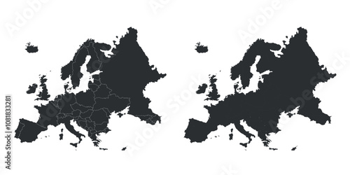 Map of Europe in two styles showing country borders. Geographic outline for regional and educational designs.