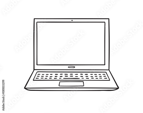Laptop doodle sketch style icon. Single hand drawn laptop computer with empty screen. Front view laptop outline.