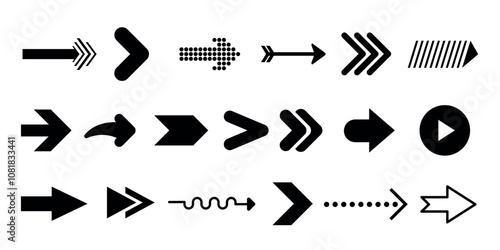 Assorted arrow icons in various styles and directions. Navigation and pointer symbols for design use.