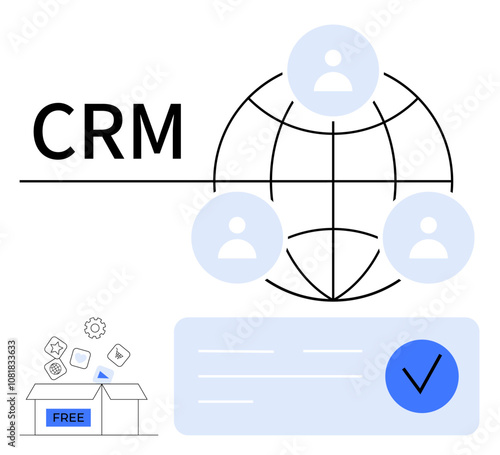CRM text beside a global network with user profile icons connected to various segments. A free trial package box with software tools. Ideal for marketing, business, tech, sales, management