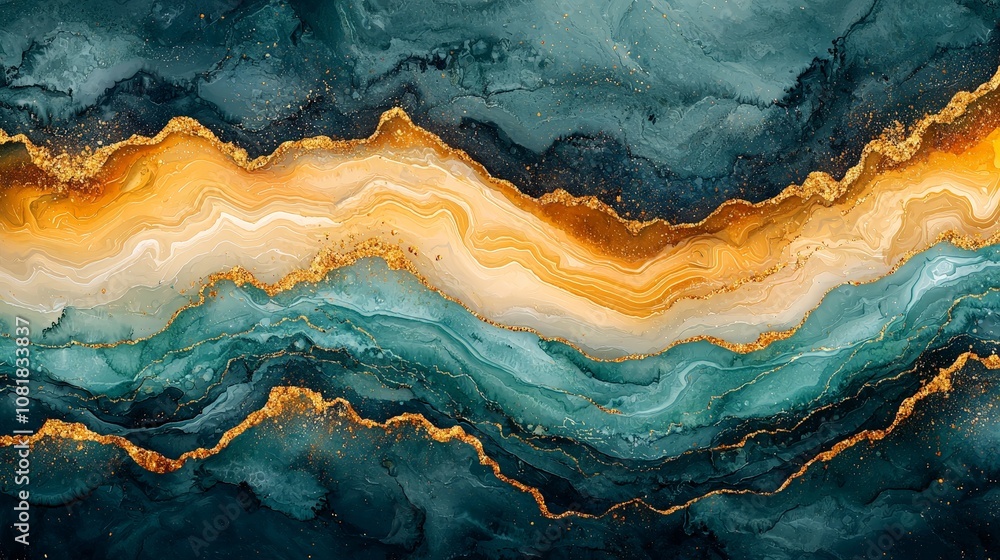 Abstract fluid art featuring vibrant waves of blue, gold, and white colors. Abstract fluid art featuring vibrant waves of blue, gold, and white colors.