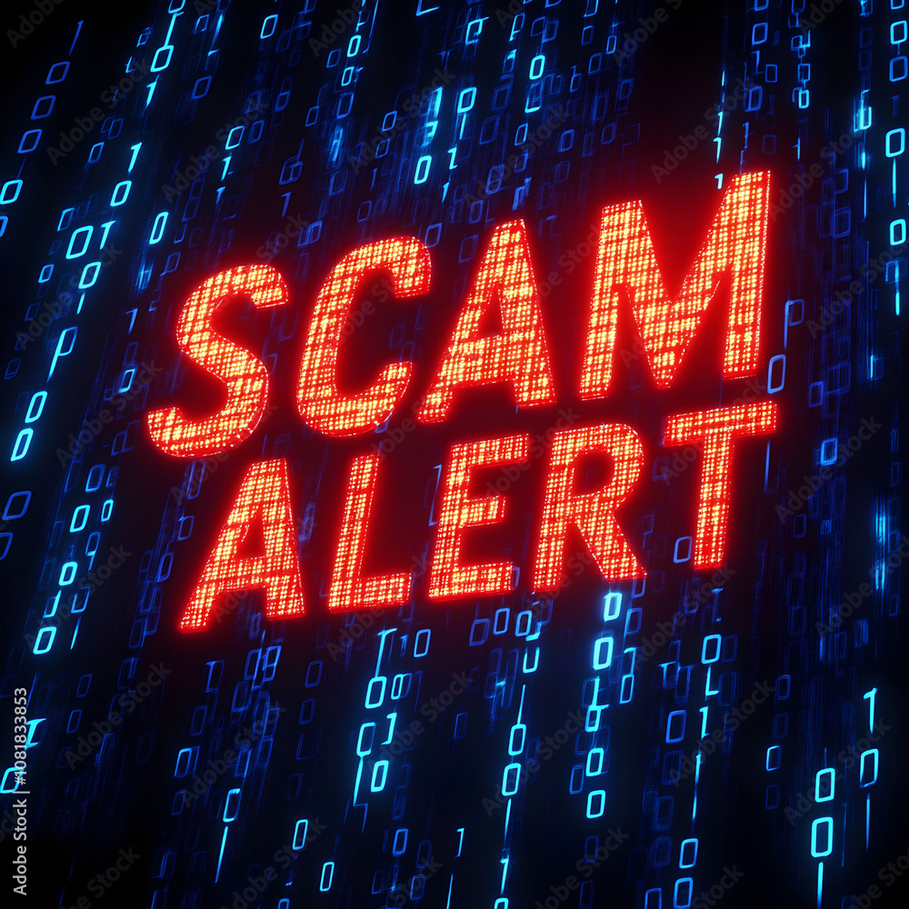 A digital Scam Alert with a blue binary code background A digital Scam Alert with a blue binary code background