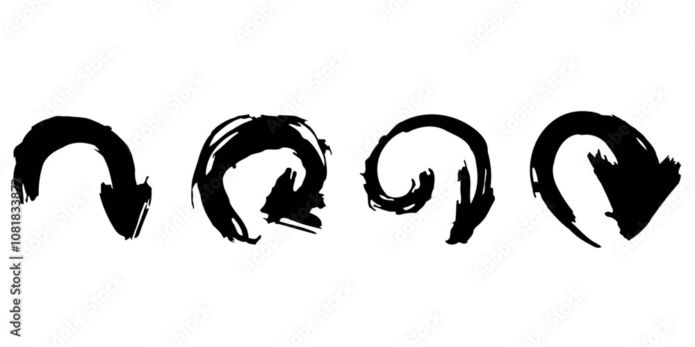 Fototapeta premium Set of circular brush-style arrows pointing in different directions. Hand-drawn elements for navigation and design use.