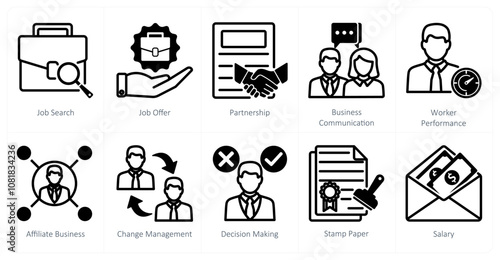 A set of 10 business icons as job search, job offer, partnership