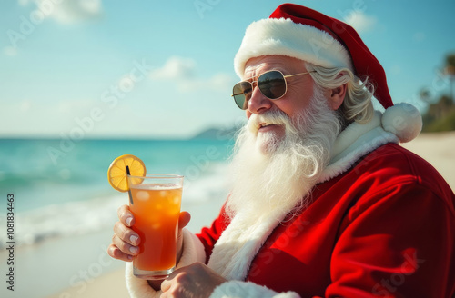 Santa Claus in sunglasses and orange cocktail in hand on the beach on a sunny day