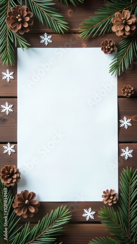 On a wooden background in the middle there is a white sheet of paper, around it there is a frame of fir branches, cones and paper snowflakes. Template for text