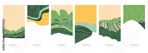 Modern eco design featuring green fields, rice, wheat, tea, corn, soybean, paddy. Abstract illustration with vintage texture, hill, mountain, landscape in watercolor. Sustainable, organic, aesthetic