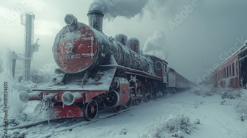 A vintage steam locomotive covered in frost, emitting smoke, with a train of carriages behind it, set against a snowy landscape. photo