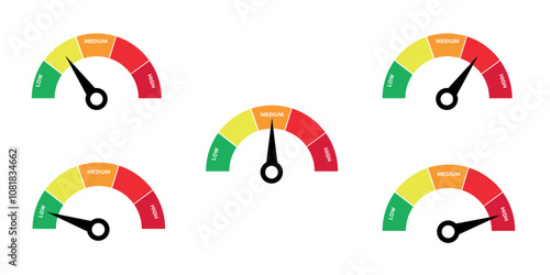 Set of gauges with needles pointing to various levels from low to high, labeled with medium.