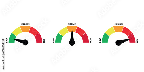 Set of gauges with needles pointing to various levels from low to high, labeled with medium.