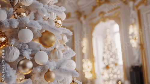 Closeup of elegant white Christmas tree decorated with gold and white ornaments in luxurious holiday setting