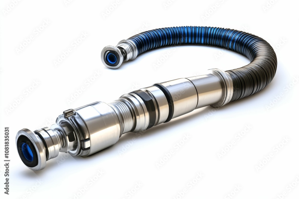 Silver and blue flexible hose connector. Silver and blue flexible hose connector.