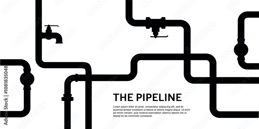 Pipeline diagram with various pipes and valves, black graphic on white background. Pipeline diagram with various pipes and valves, black graphic on white background.