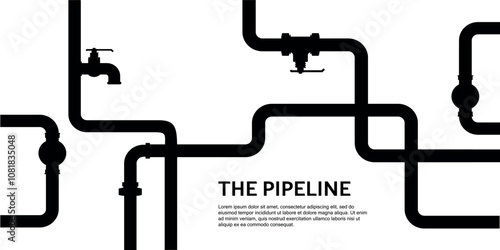 Pipeline diagram with various pipes and valves, black graphic on white background.