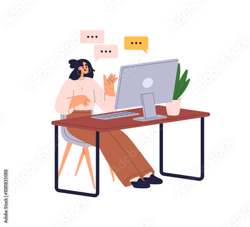 Woman at computer during online communication, virtual work meeting. Female sitting at desk, discussing business, talking, video conference call. Flat vector illustration isolated on white background